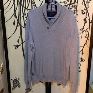 VTG Tommy Hilfiger Men’s Gray Sweater W/Striped Buttoned Shawl Collar & Logo